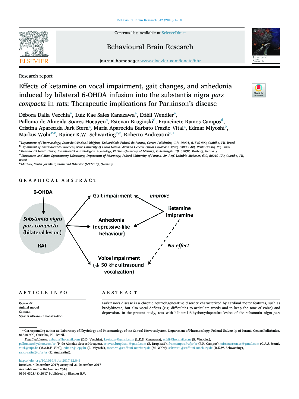 Effects of ketamine on vocal impairment, gait changes, and anhedonia induced by bilateral 6-OHDA infusion into the substantia nigra pars compacta in rats: Therapeutic implications for Parkinson's disease