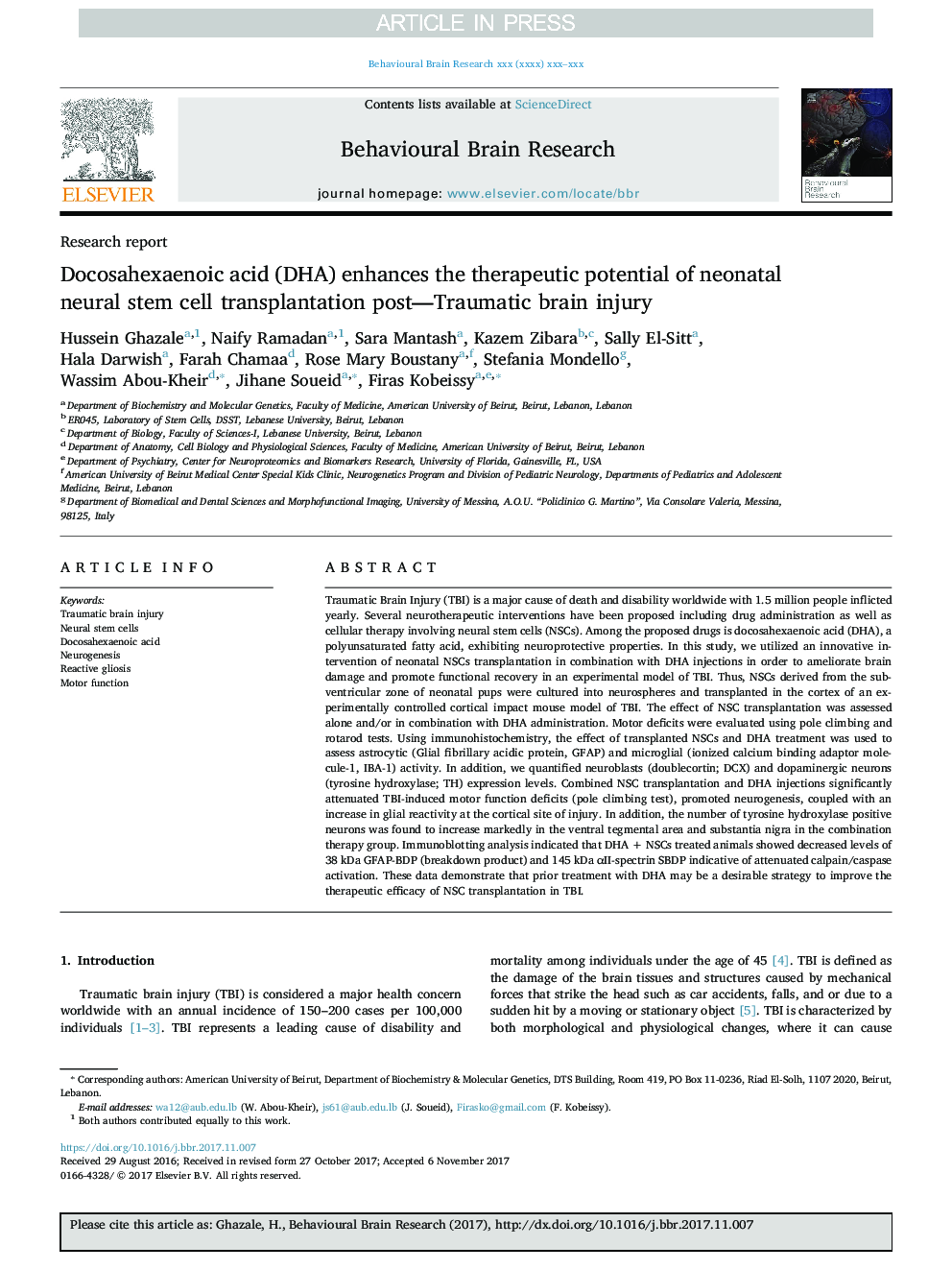 Docosahexaenoic acid (DHA) enhances the therapeutic potential of neonatal neural stem cell transplantation post-Traumatic brain injury