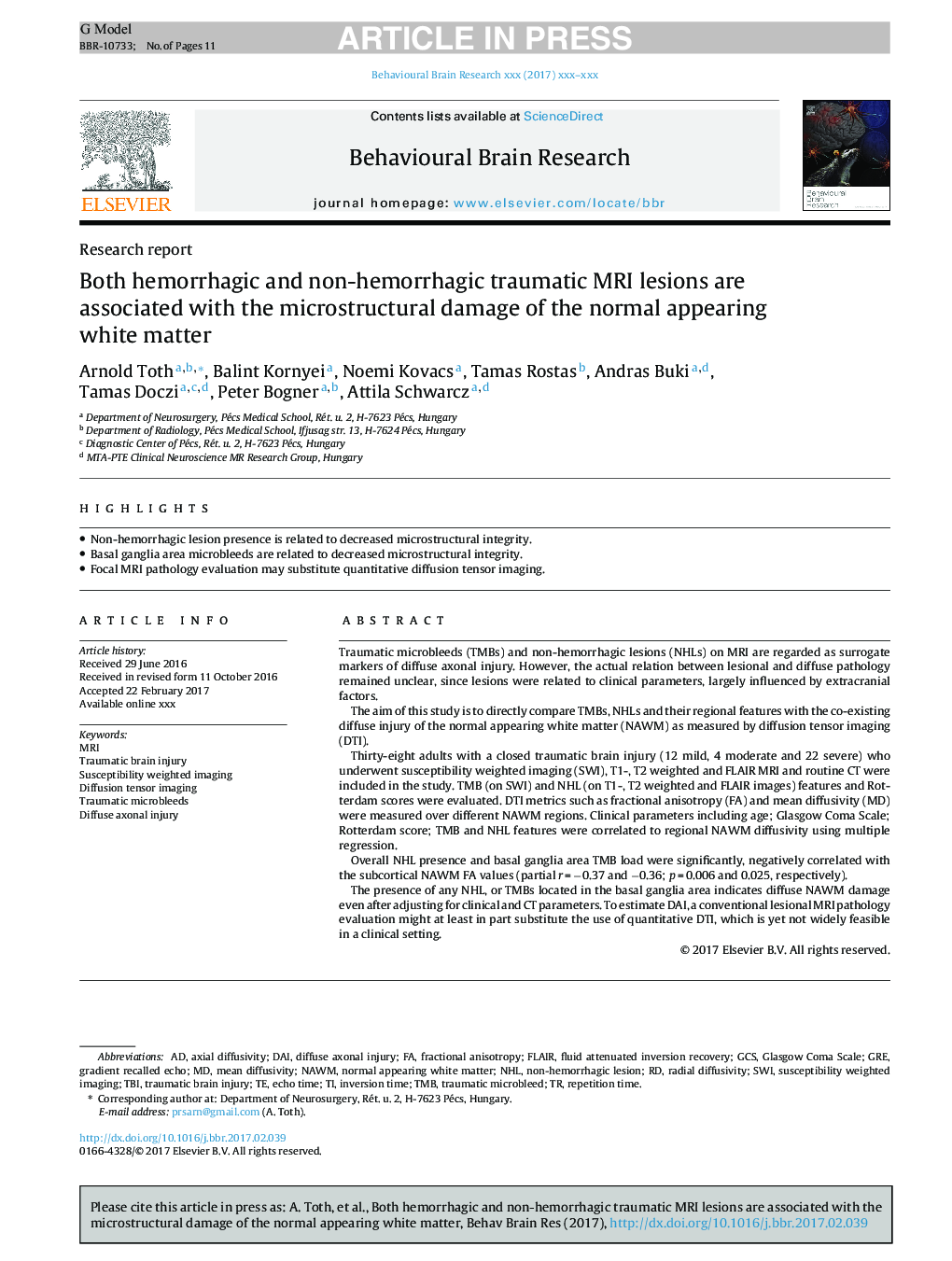عکس صفحه اول مقاله: Both hemorrhagic and non-hemorrhagic traumatic MRI lesions are associated with the microstructural damage of the normal appearing white matter Both hemorrhagic and non-hemorrhagic traumatic MRI lesions are associated with the microstructural damage of the normal appearing white matter