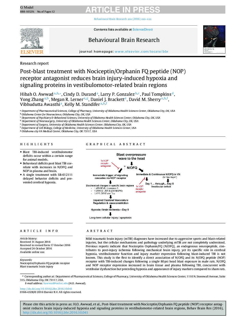 Post-blast treatment with Nociceptin/Orphanin FQ peptide (NOP) receptor antagonist reduces brain injury-induced hypoxia and signaling proteins in vestibulomotor-related brain regions