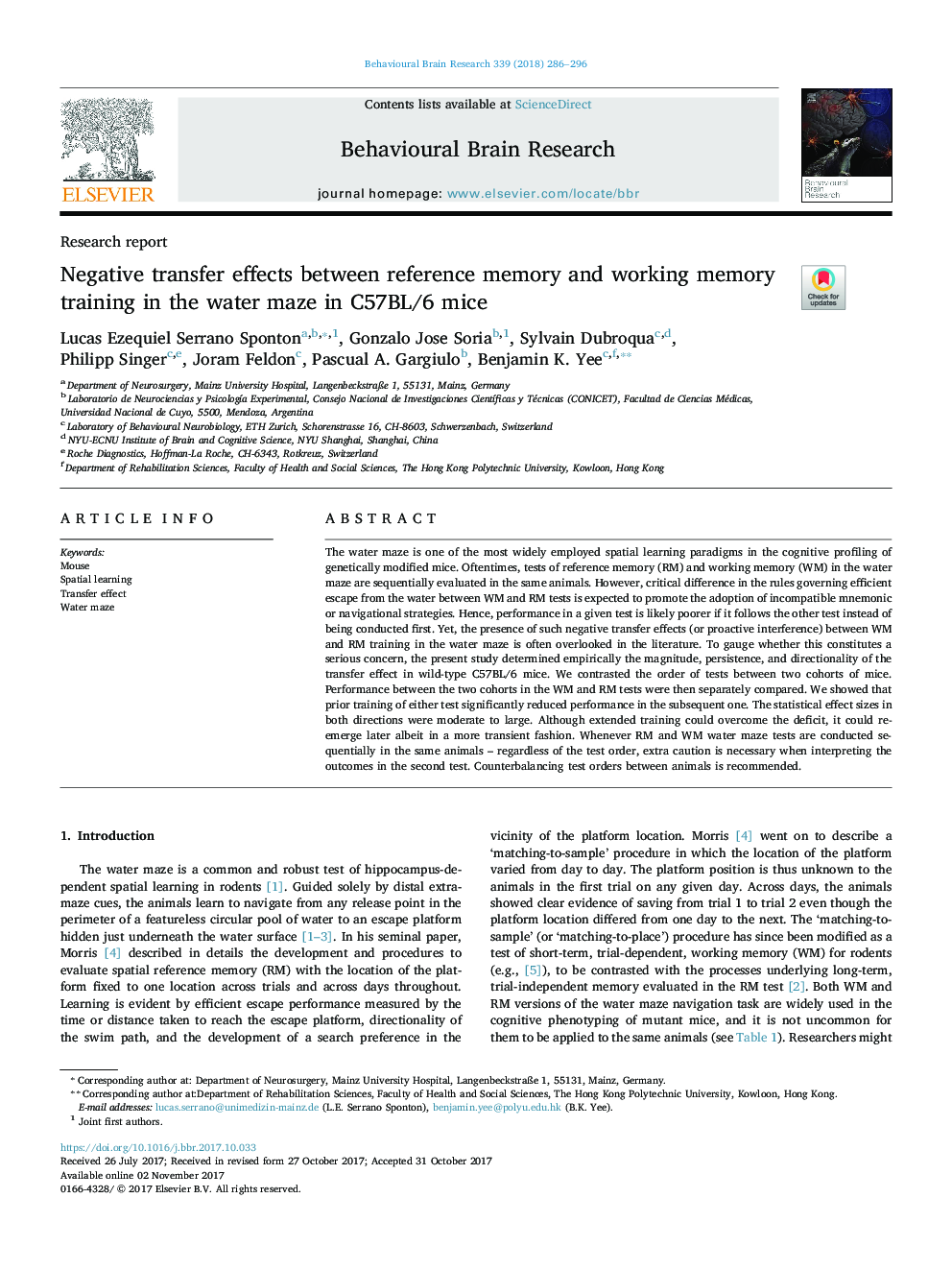 Negative transfer effects between reference memory and working memory training in the water maze in C57BL/6 mice