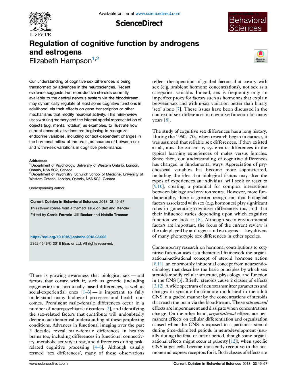 Regulation of cognitive function by androgens and estrogens