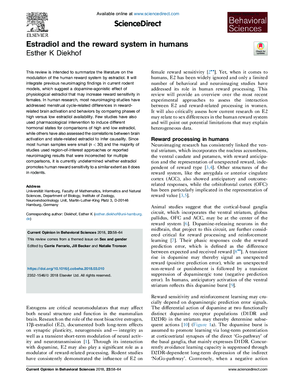 Estradiol and the reward system in humans