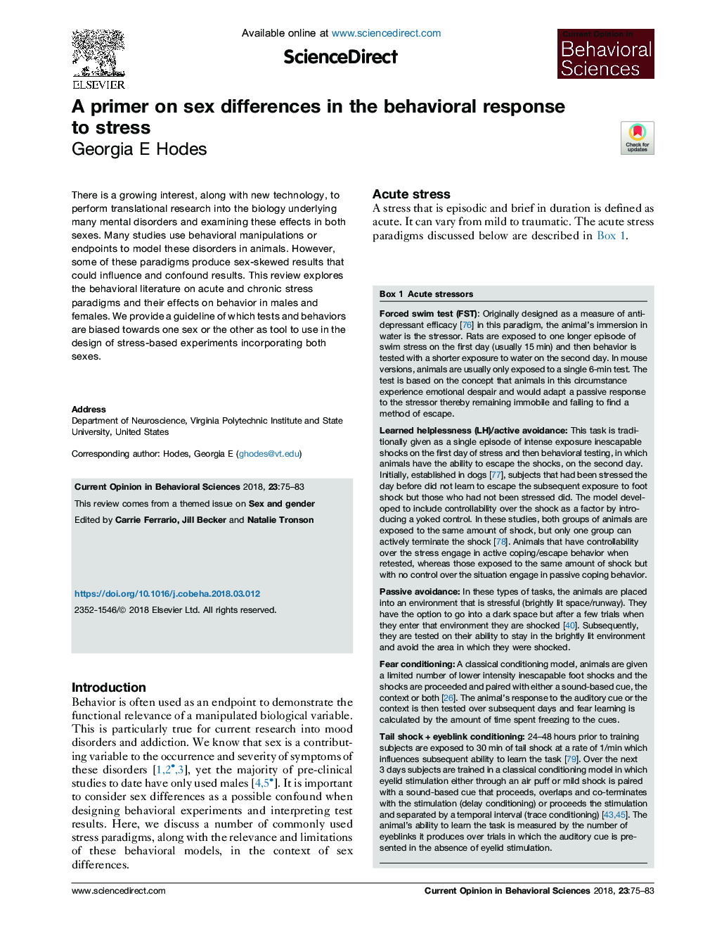 A primer on sex differences in the behavioral response to stress