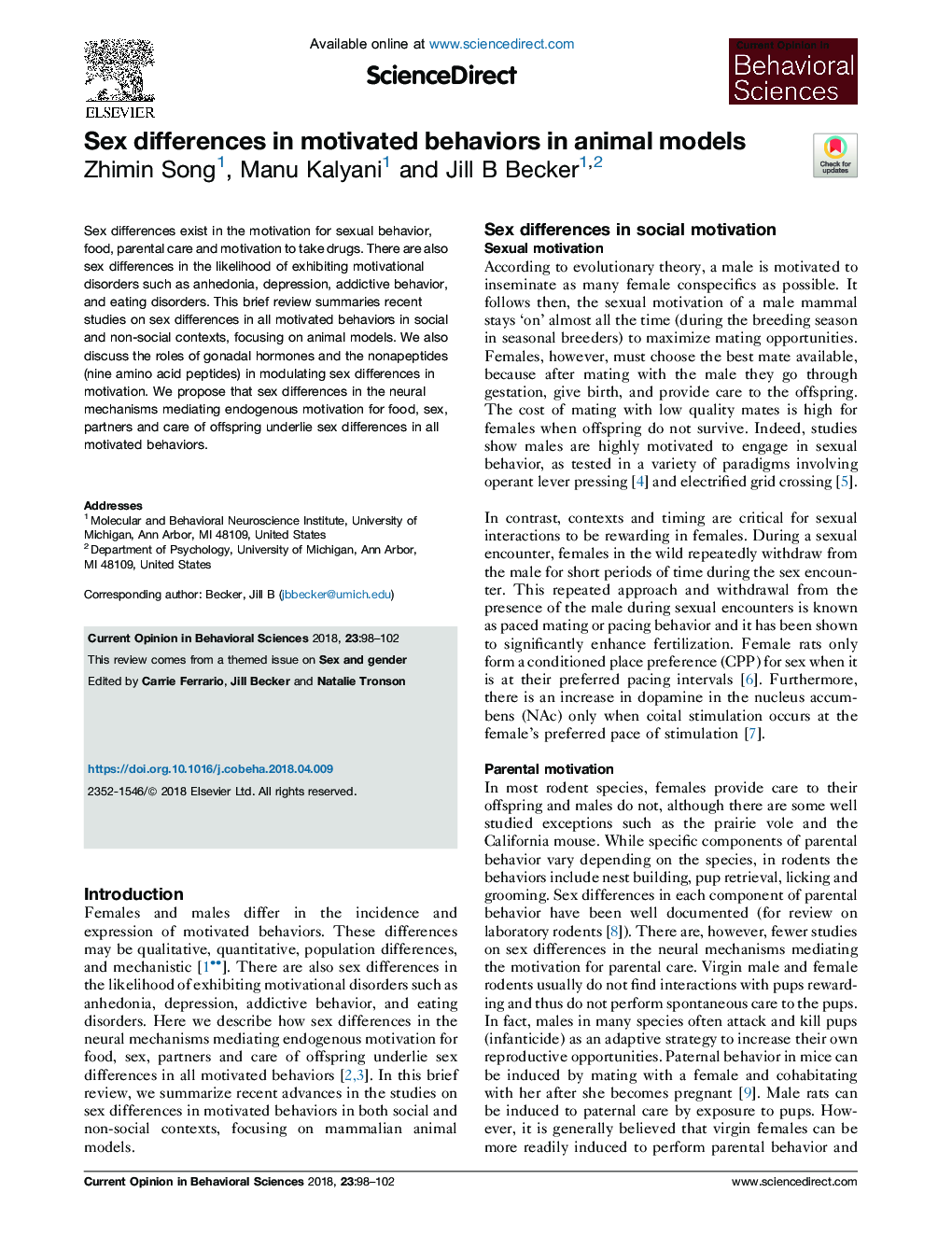 Sex differences in motivated behaviors in animal models