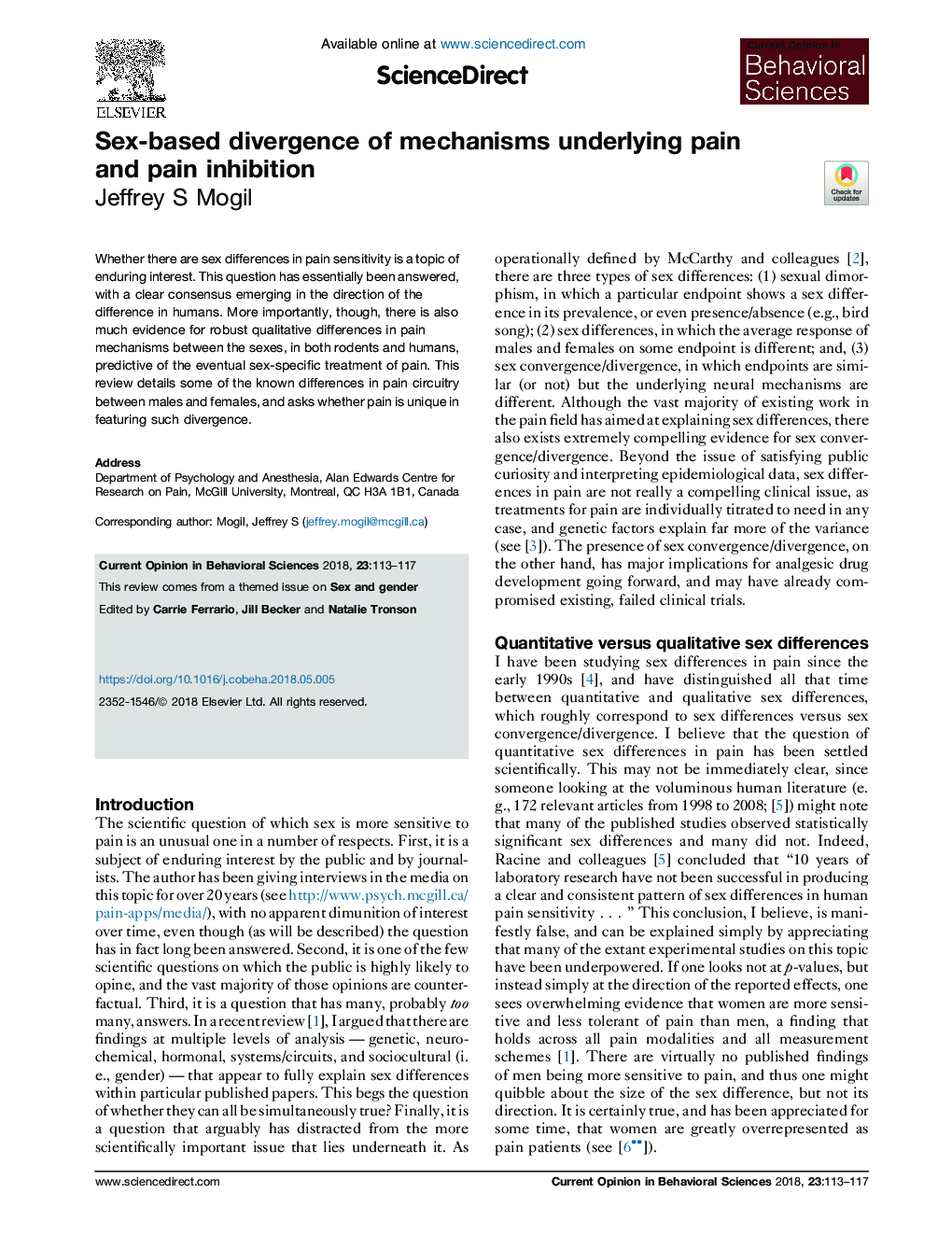 Sex-based divergence of mechanisms underlying pain and pain inhibition