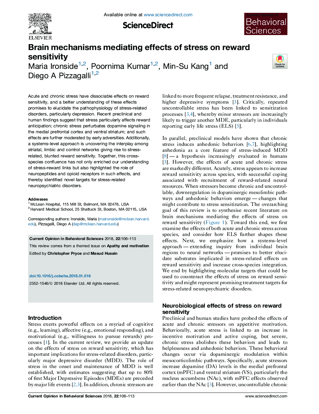 Brain mechanisms mediating effects of stress on reward sensitivity