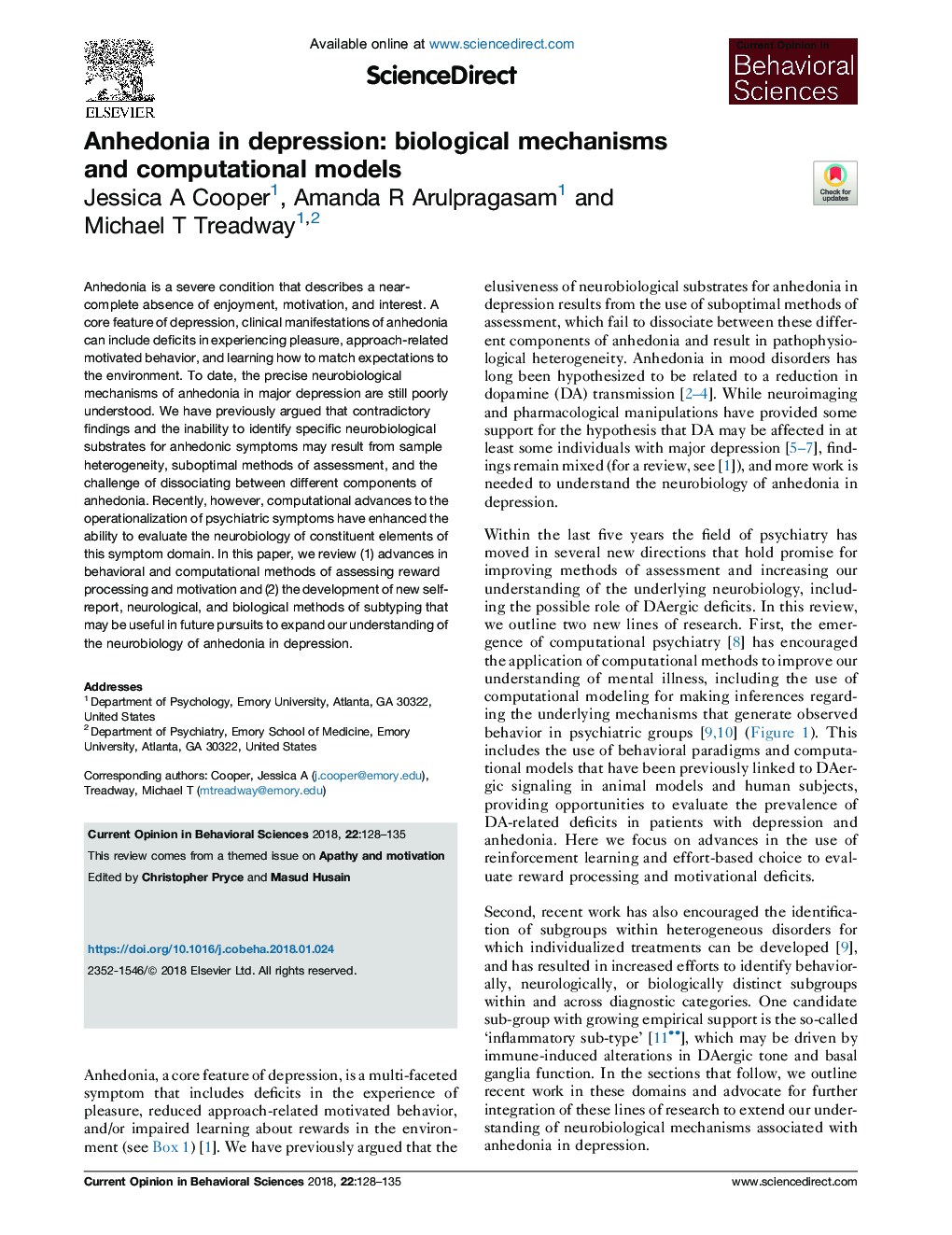 Anhedonia in depression: biological mechanisms and computational models