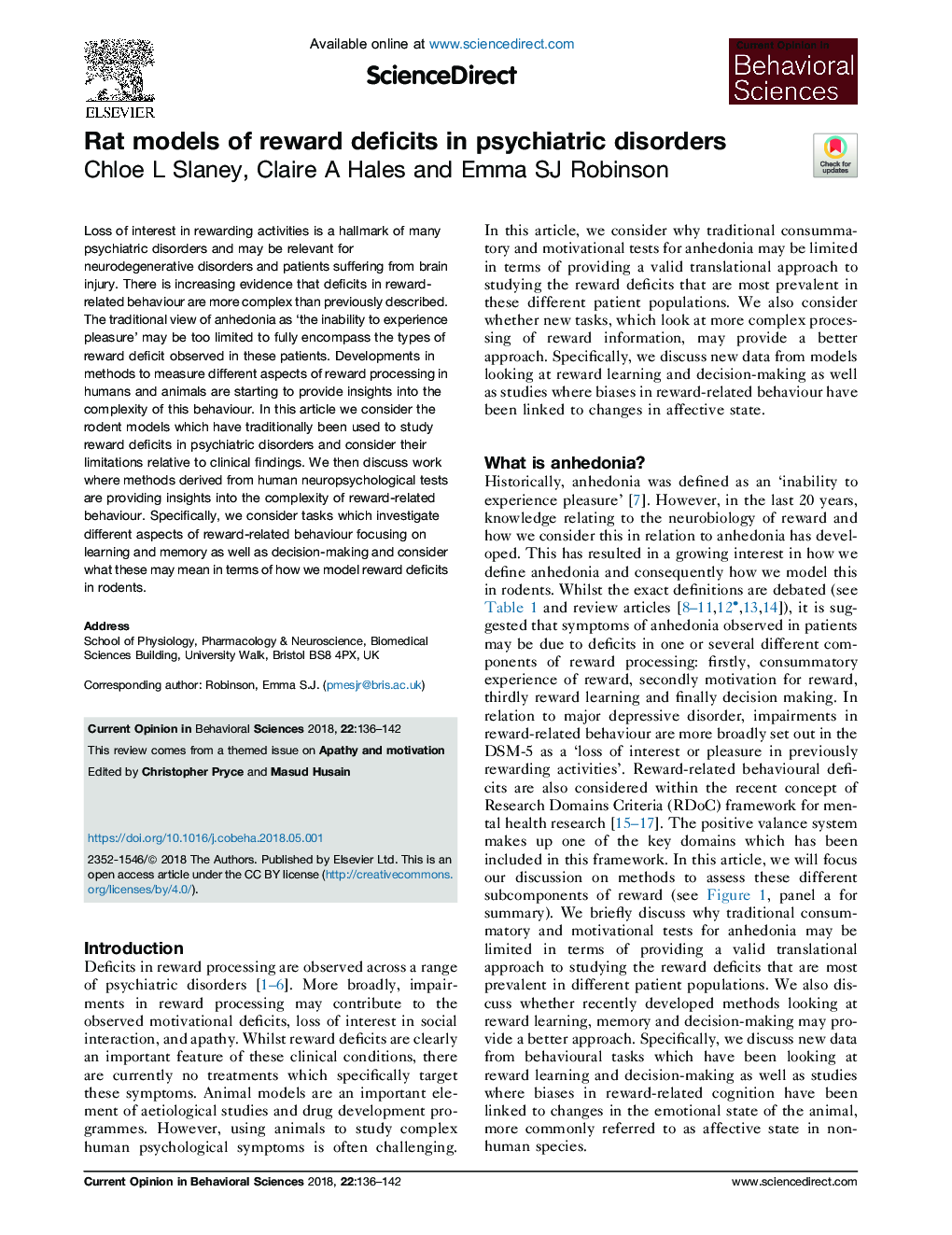 Rat models of reward deficits in psychiatric disorders