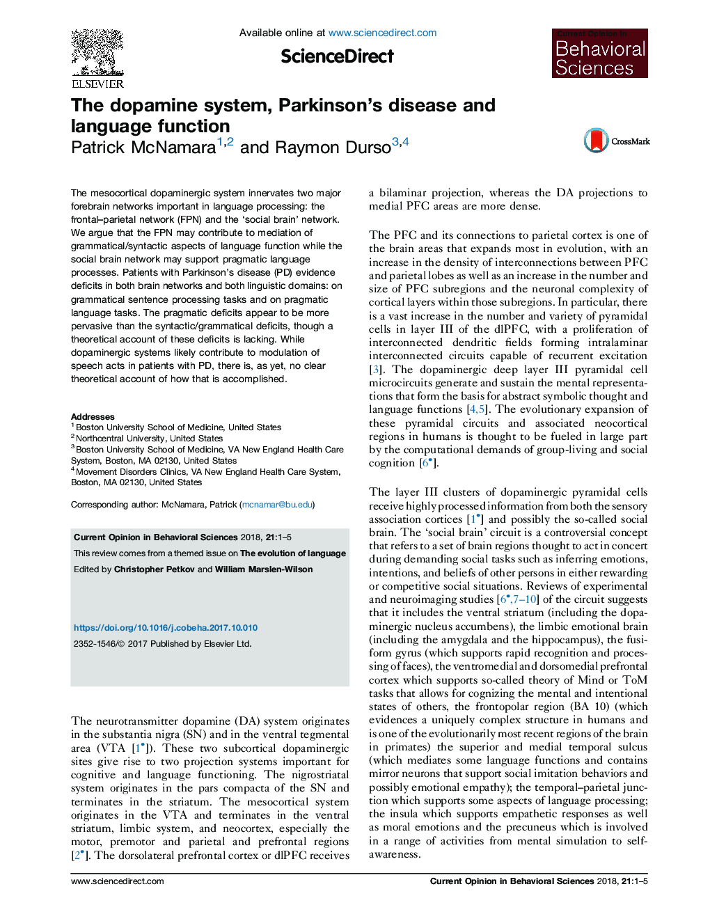The dopamine system, Parkinson's disease and language function