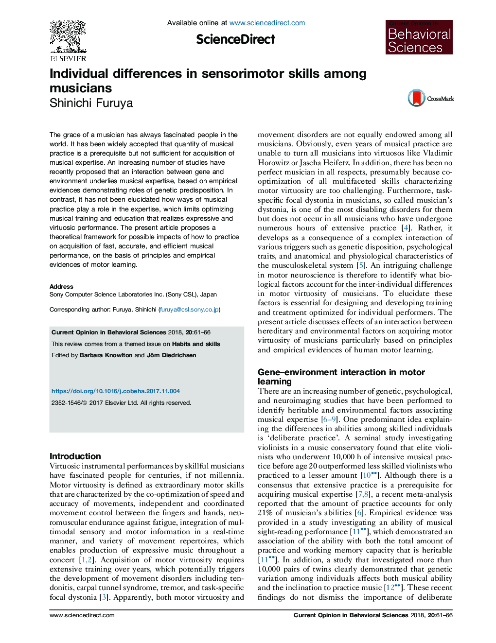 Individual differences in sensorimotor skills among musicians