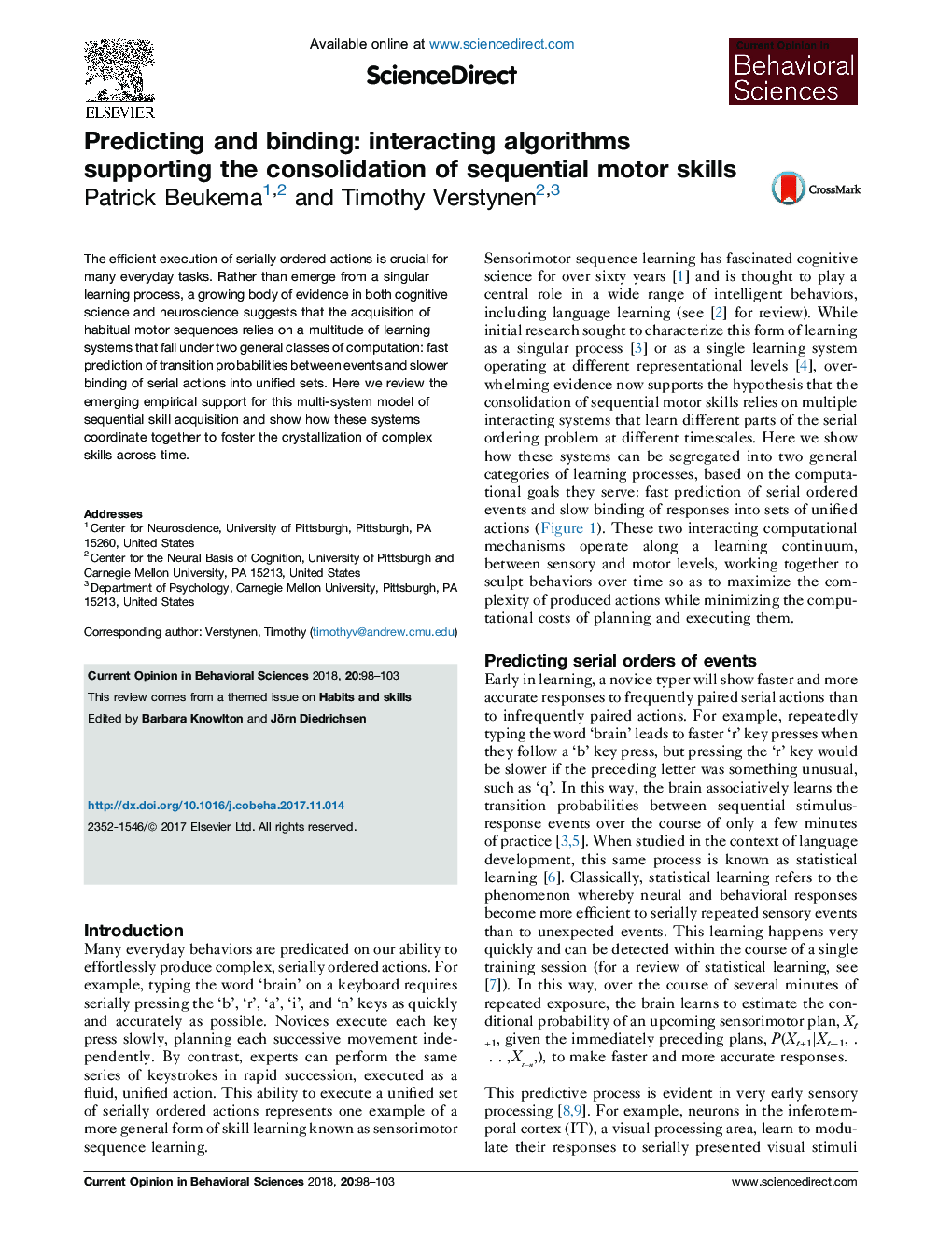 Predicting and binding: interacting algorithms supporting the consolidation of sequential motor skills