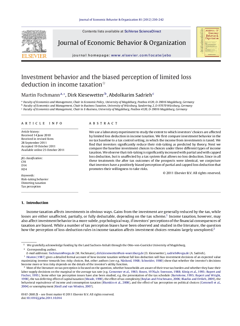 Investment behavior and the biased perception of limited loss deduction in income taxation 