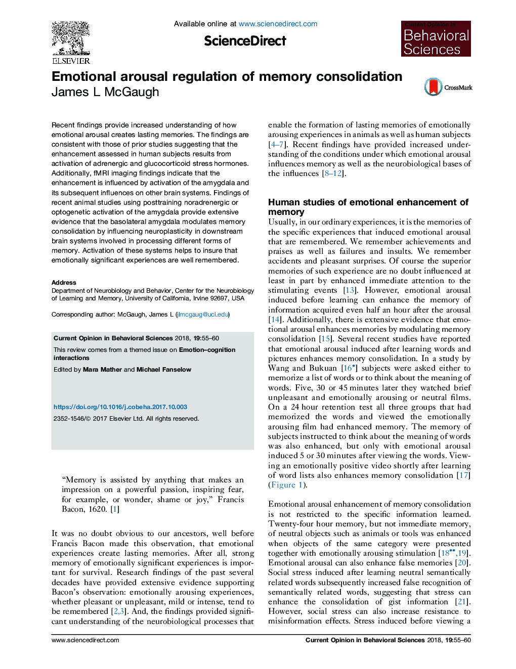 Emotional arousal regulation of memory consolidation