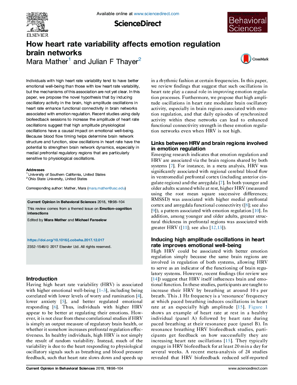 How heart rate variability affects emotion regulation brain networks