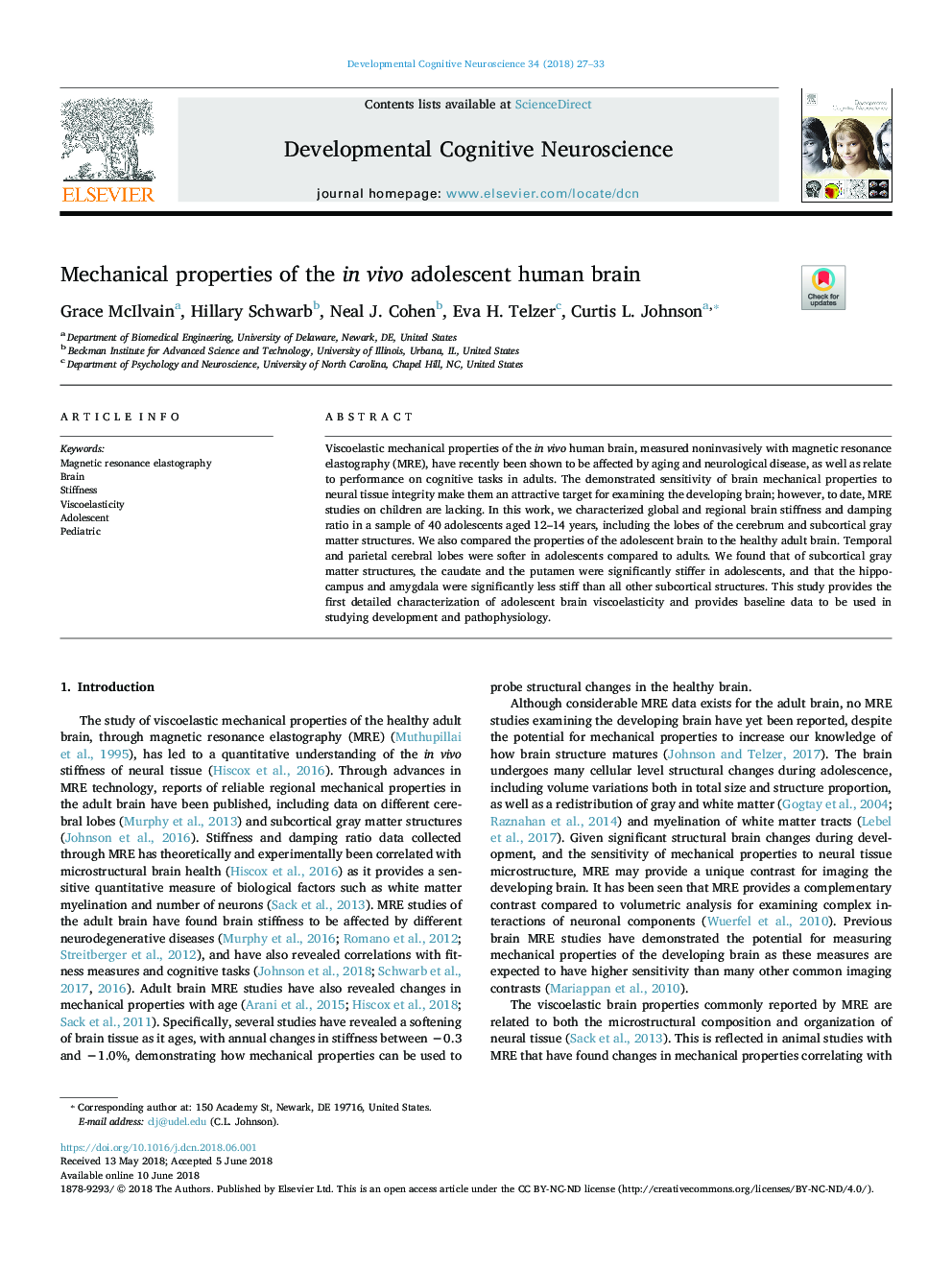 Mechanical properties of the in vivo adolescent human brain