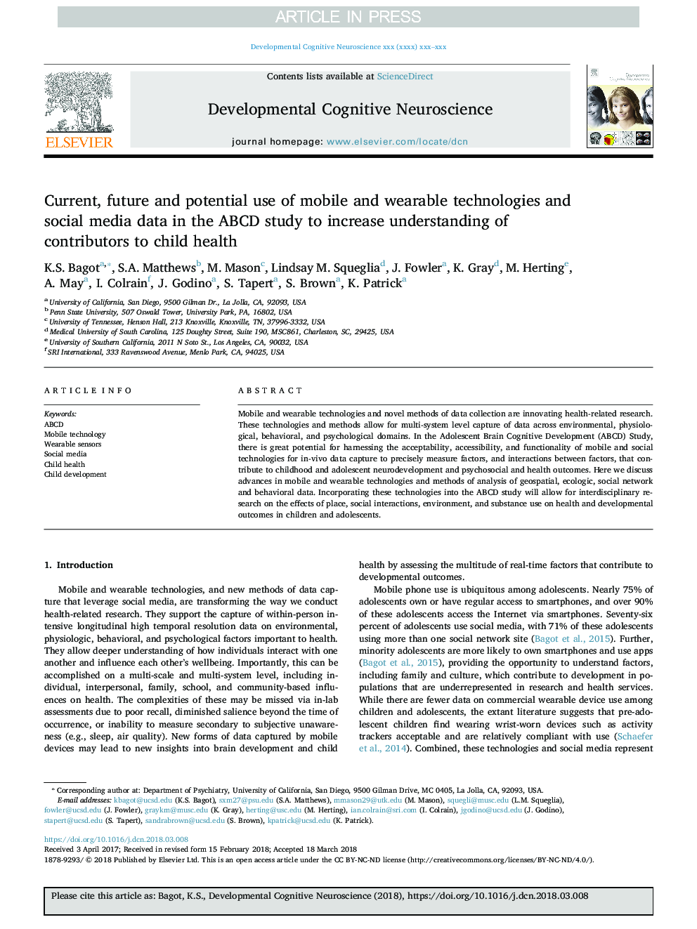 Current, future and potential use of mobile and wearable technologies and social media data in the ABCD study to increase understanding of contributors to child health