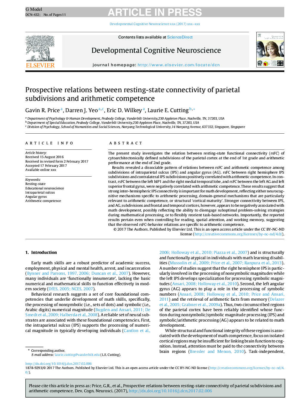 Prospective relations between resting-state connectivity of parietal subdivisions and arithmetic competence