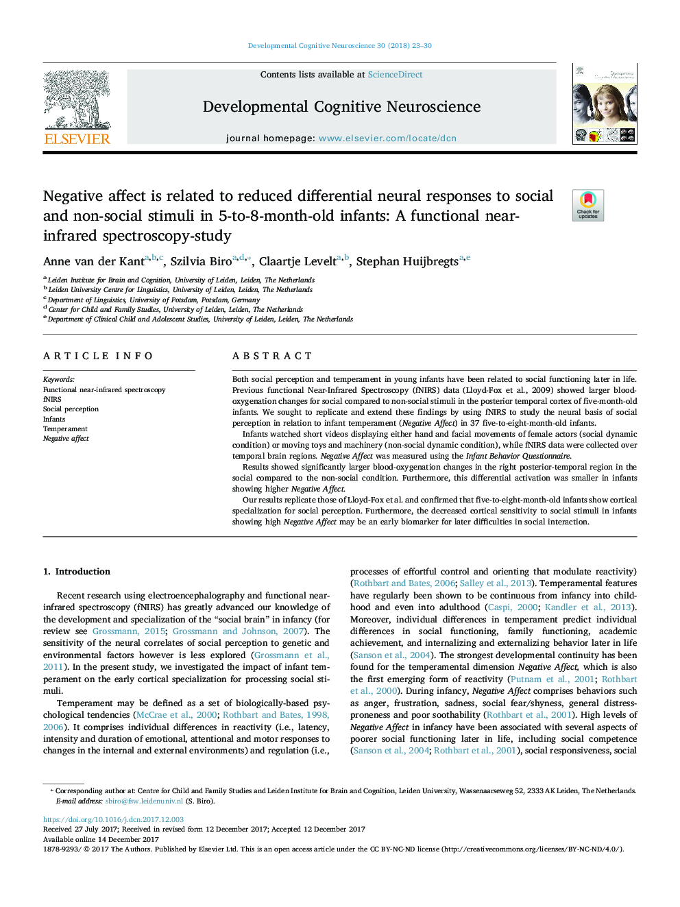 Negative affect is related to reduced differential neural responses to social and non-social stimuli in 5-to-8-month-old infants: A functional near-infrared spectroscopy-study