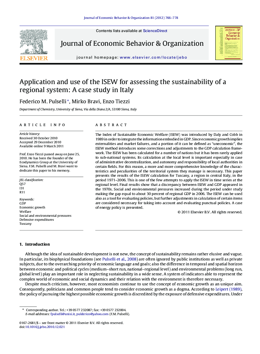 Application and use of the ISEW for assessing the sustainability of a regional system: A case study in Italy