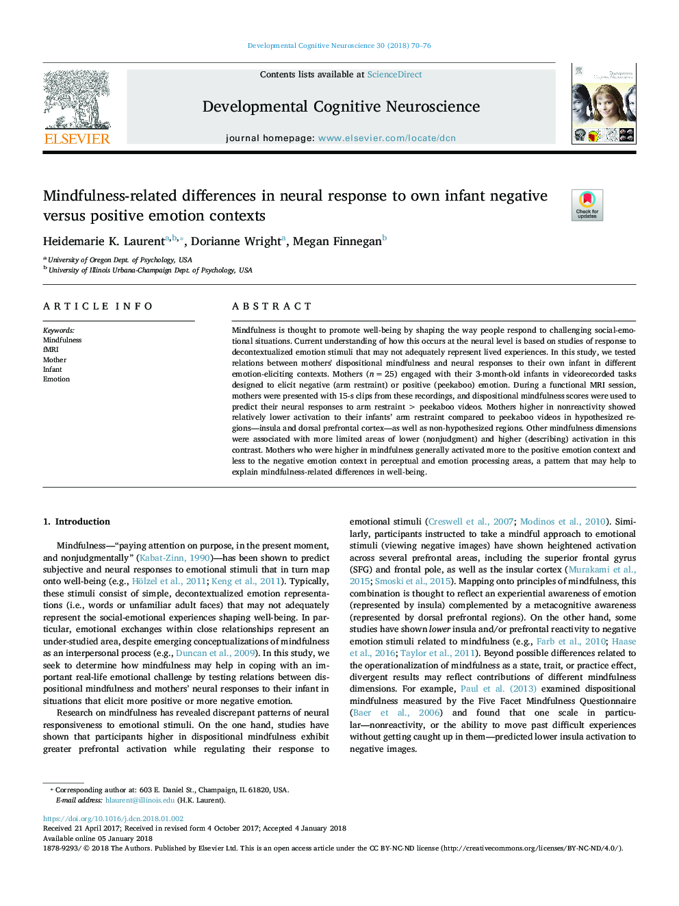 Mindfulness-related differences in neural response to own infant negative versus positive emotion contexts