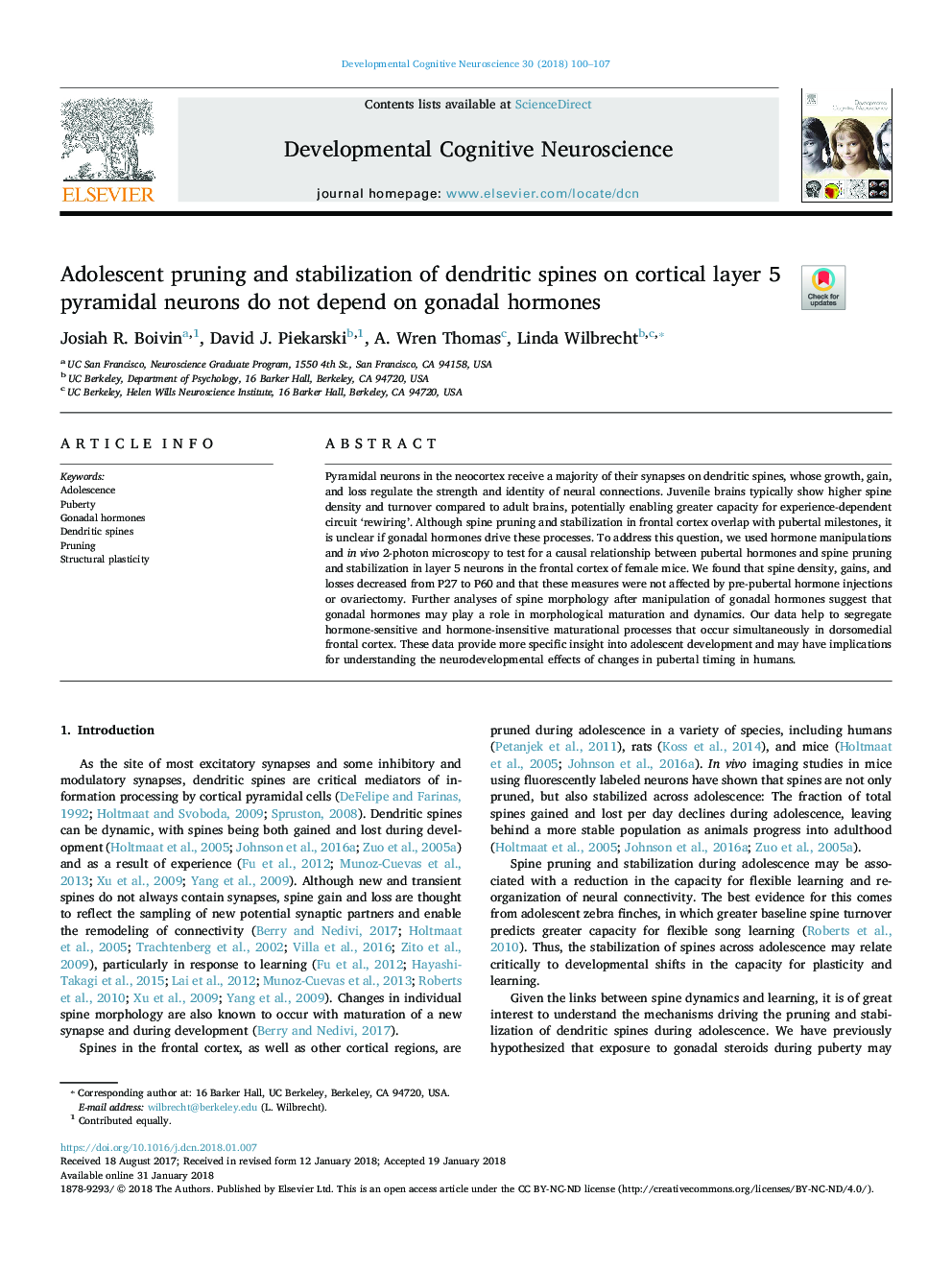 Adolescent pruning and stabilization of dendritic spines on cortical layer 5 pyramidal neurons do not depend on gonadal hormones