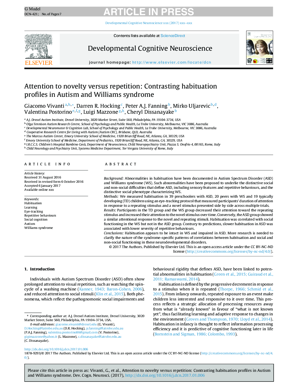 توجه به تازگی و تکرار: پروفایل های عادت سازنده در سندرم اوتیسم و ​​ویلیامز 