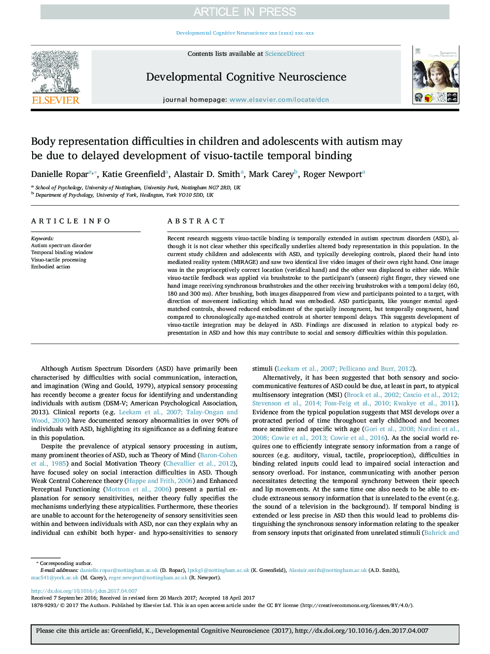 Body representation difficulties in children and adolescents with autism may be due to delayed development of visuo-tactile temporal binding