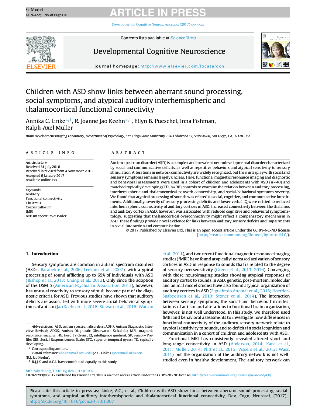 Children with ASD show links between aberrant sound processing, social symptoms, and atypical auditory interhemispheric and thalamocortical functional connectivity