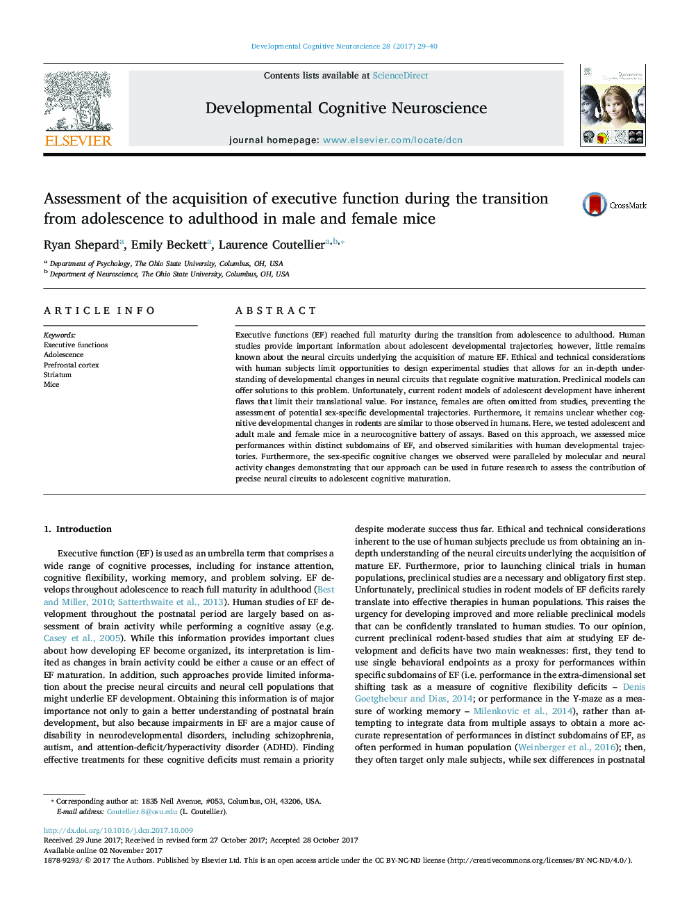 Assessment of the acquisition of executive function during the transition from adolescence to adulthood in male and female mice