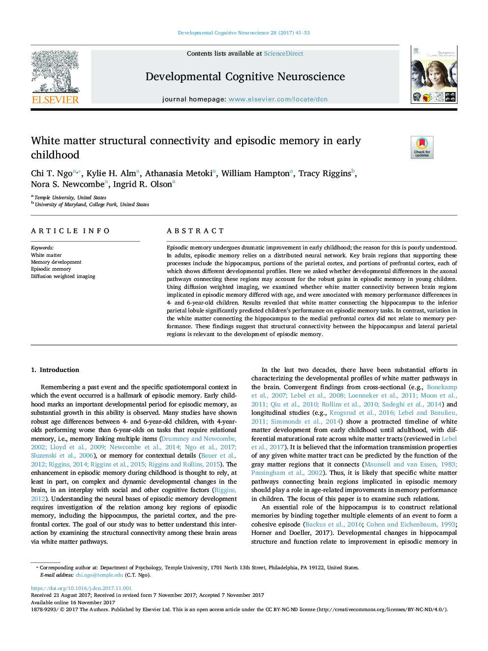 White matter structural connectivity and episodic memory in early childhood