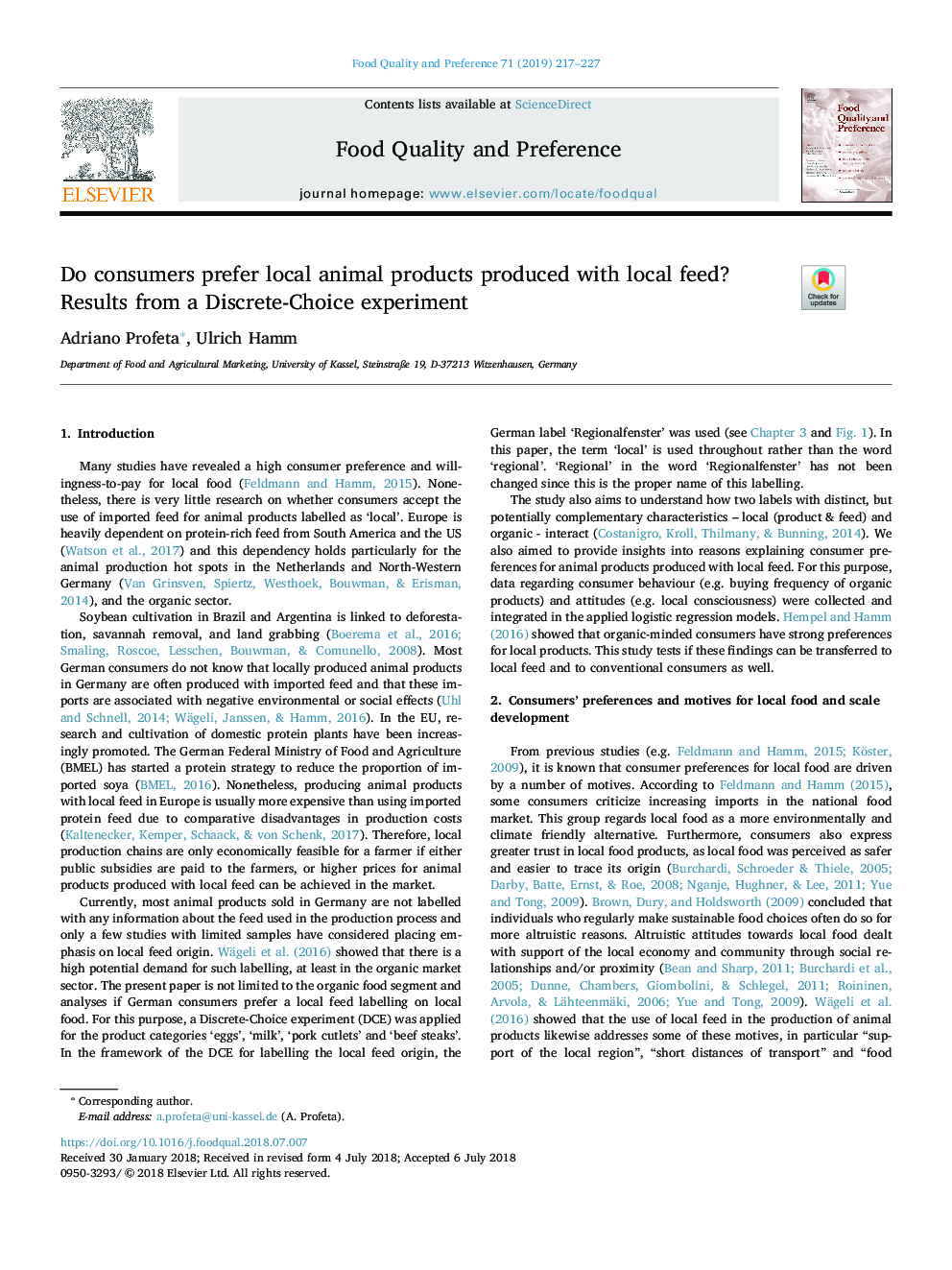 Do consumers prefer local animal products produced with local feed? Results from a Discrete-Choice experiment