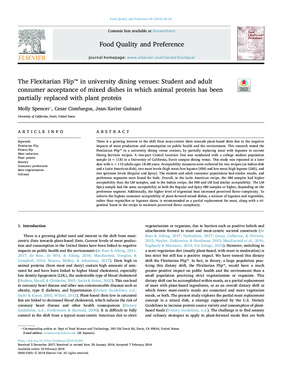 The Flexitarian Flipâ¢ in university dining venues: Student and adult consumer acceptance of mixed dishes in which animal protein has been partially replaced with plant protein