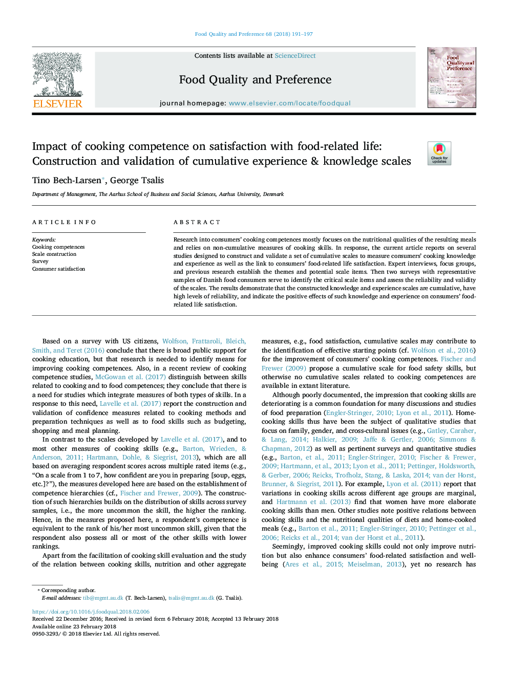 Impact of cooking competence on satisfaction with food-related life: Construction and validation of cumulative experience & knowledge scales