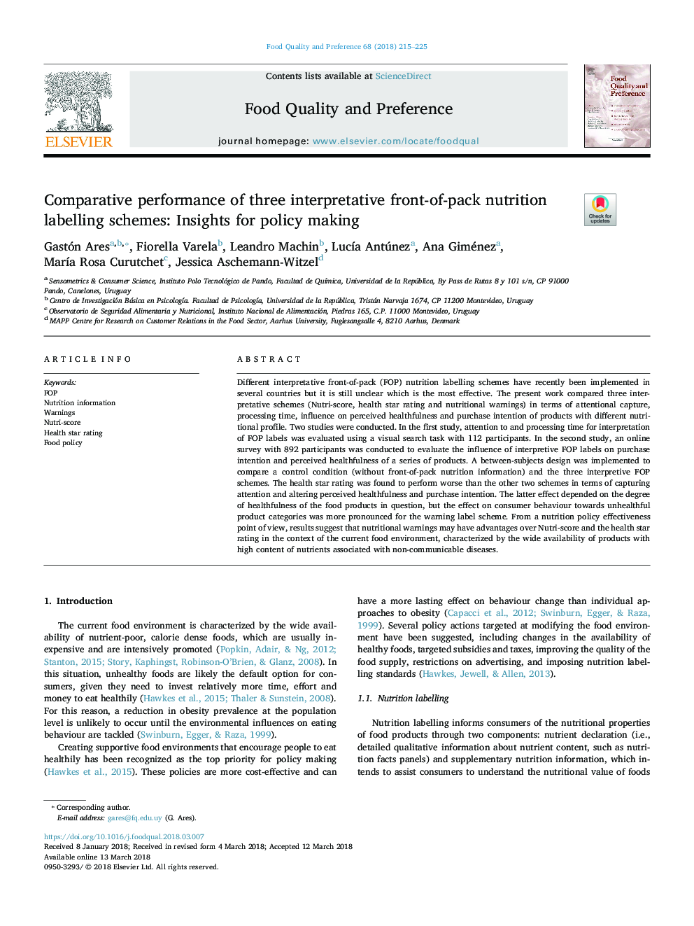 Comparative performance of three interpretative front-of-pack nutrition labelling schemes: Insights for policy making