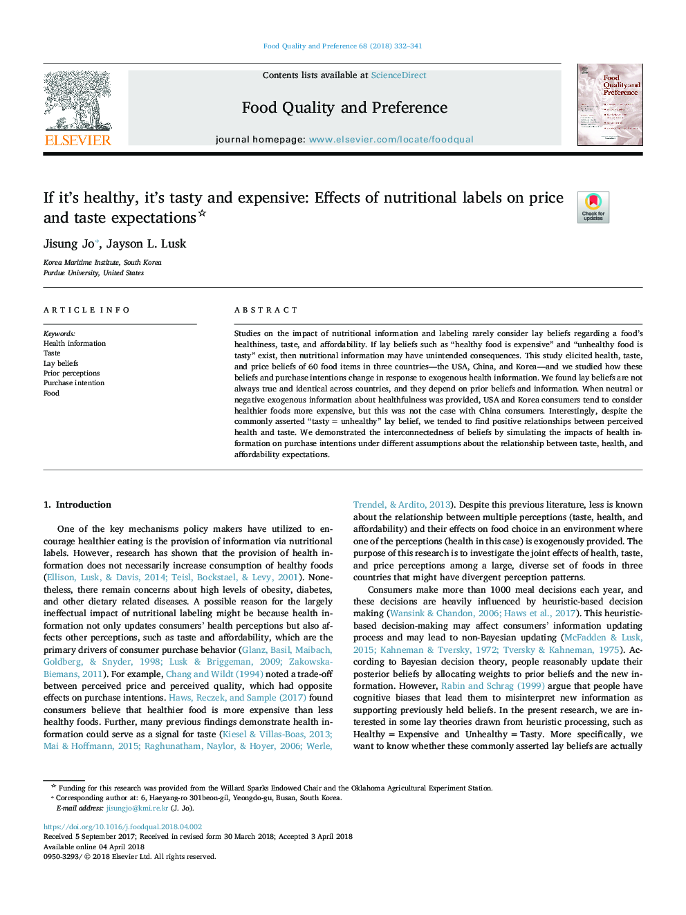 If it's healthy, it's tasty and expensive: Effects of nutritional labels on price and taste expectations