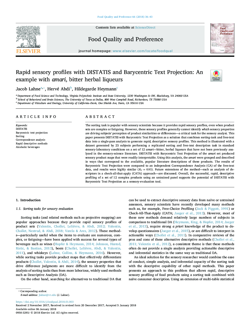 Rapid sensory profiles with DISTATIS and Barycentric Text Projection: An example with amari, bitter herbal liqueurs