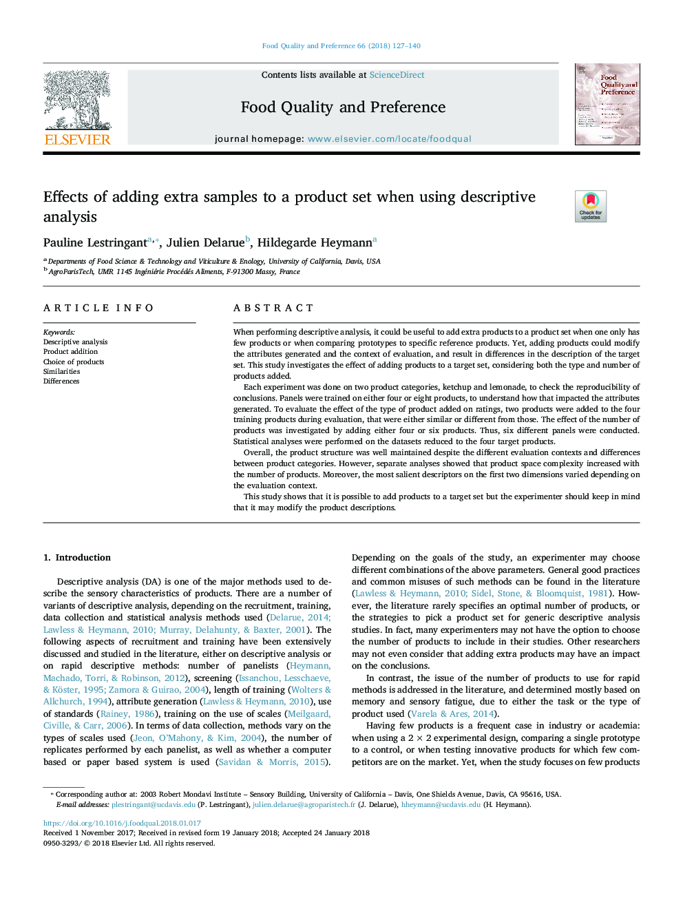 Effects of adding extra samples to a product set when using descriptive analysis