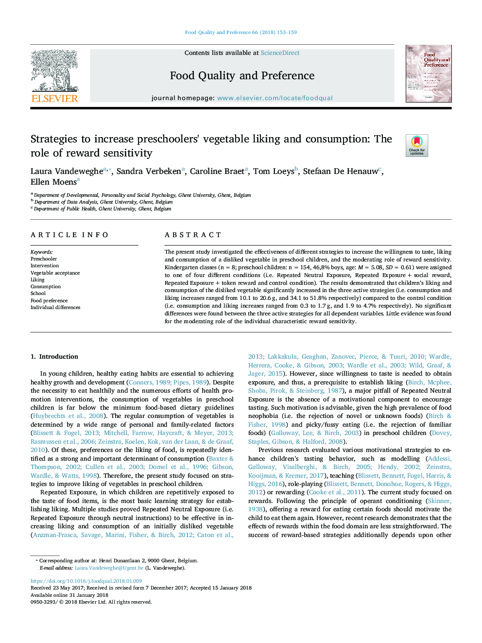 Strategies to increase preschoolers' vegetable liking and consumption: The role of reward sensitivity