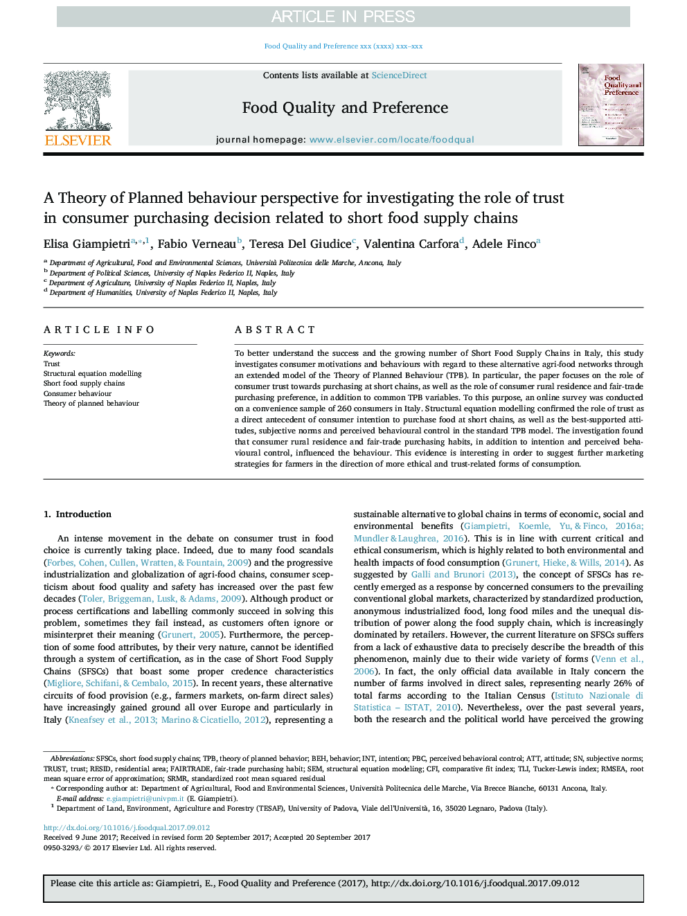 A Theory of Planned behaviour perspective for investigating the role of trust in consumer purchasing decision related to short food supply chains