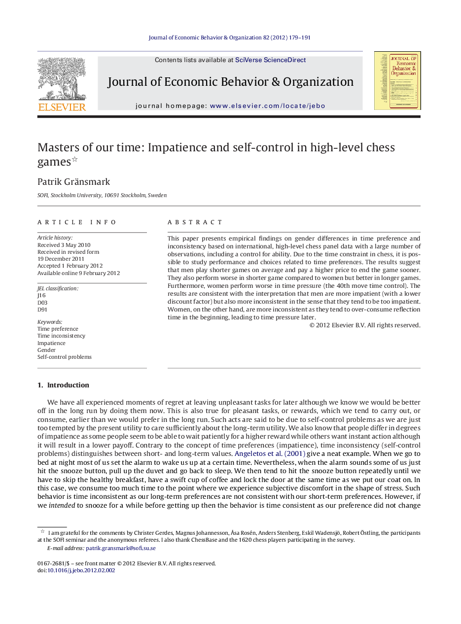Masters of our time: Impatience and self-control in high-level chess games 
