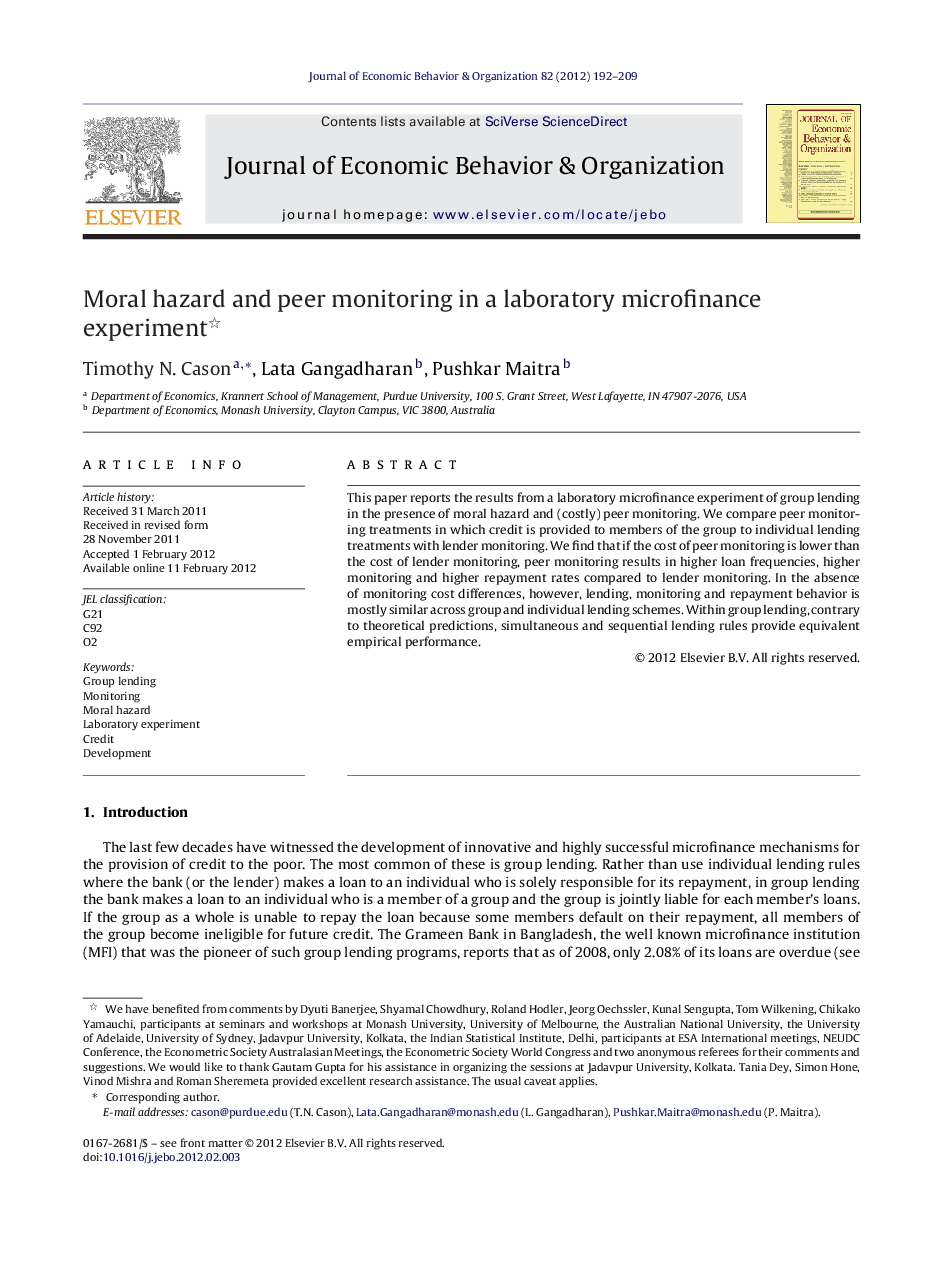 Moral hazard and peer monitoring in a laboratory microfinance experiment 