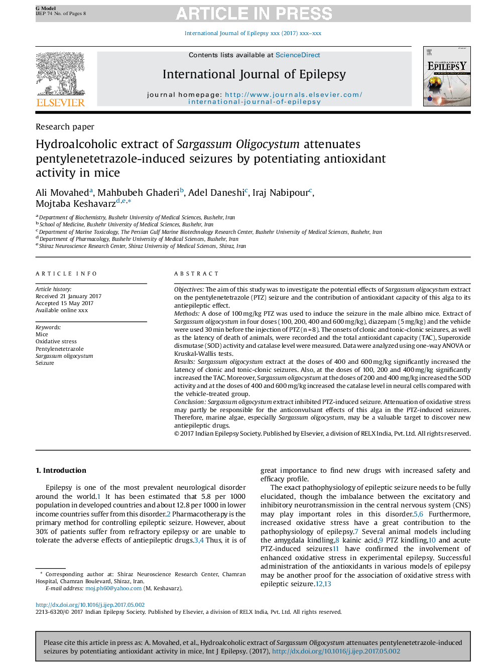 Hydroalcoholic extract of Sargassum Oligocystum attenuates pentylenetetrazole-induced seizures by potentiating antioxidant activity in mice