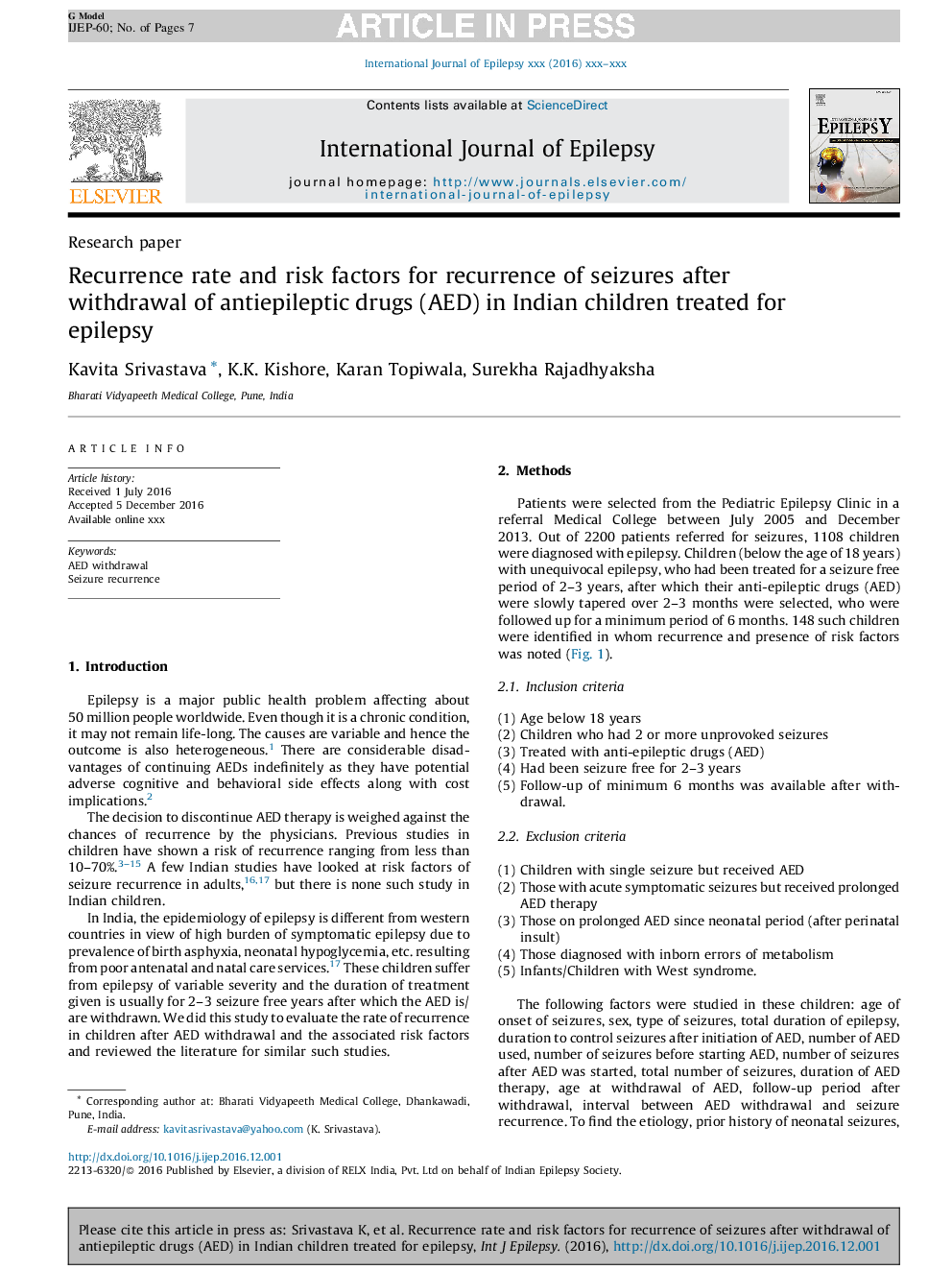 Recurrence rate and risk factors for recurrence of seizures after withdrawal of antiepileptic drugs (AED) in Indian children treated for epilepsy