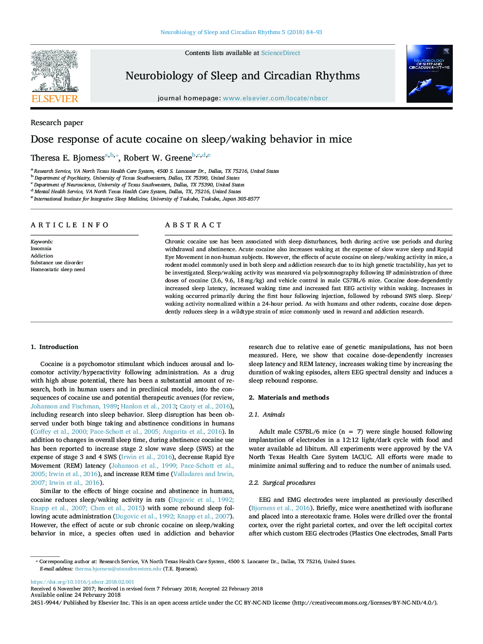 Dose response of acute cocaine on sleep/waking behavior in mice