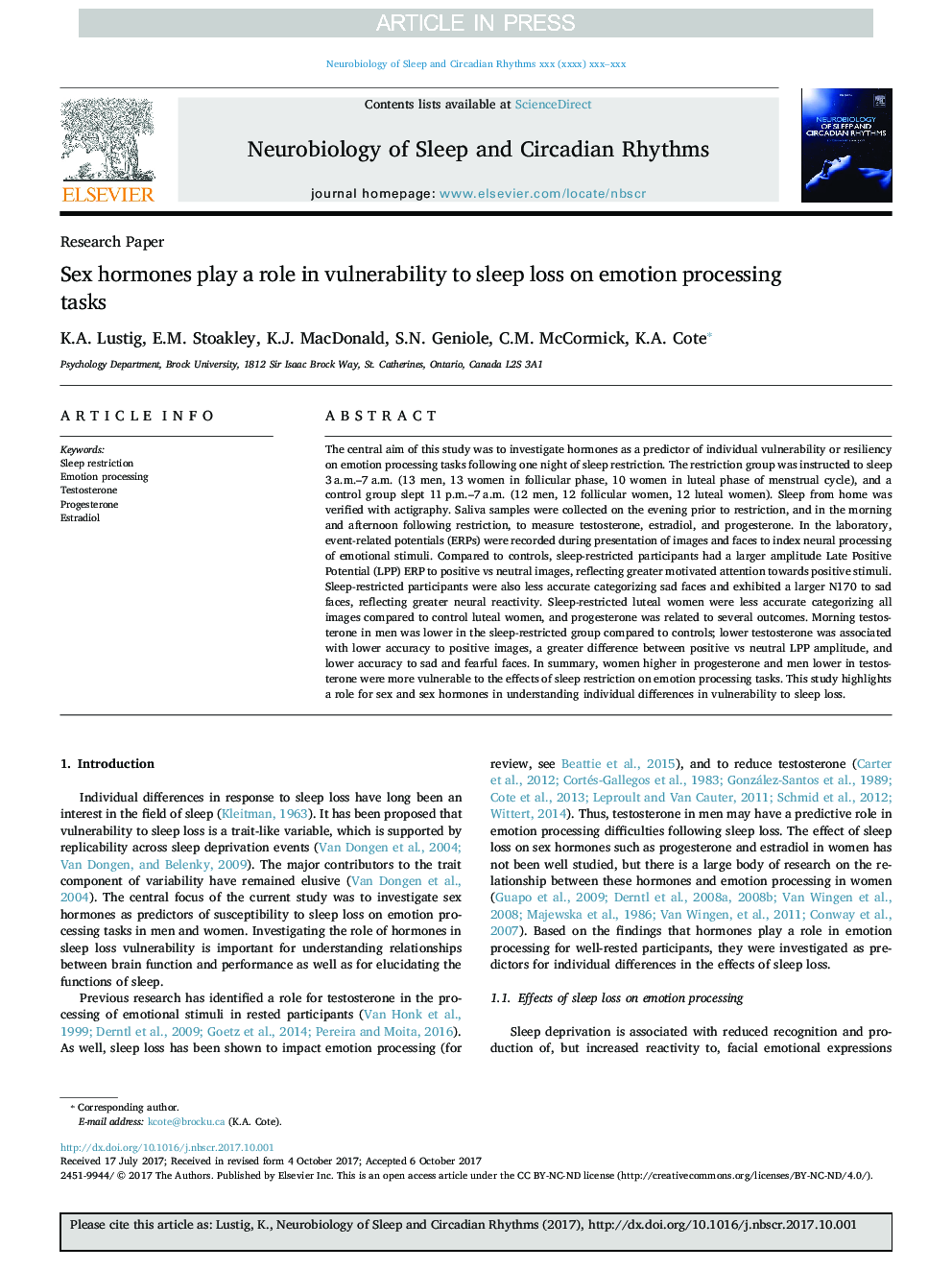 Sex hormones play a role in vulnerability to sleep loss on emotion processing tasks