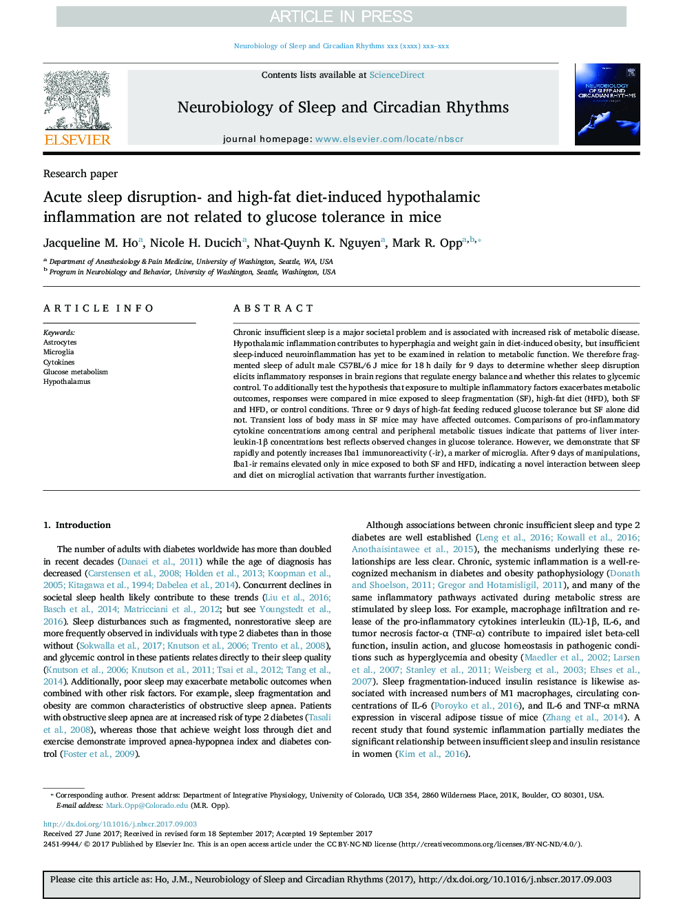 Acute sleep disruption- and high-fat diet-induced hypothalamic inflammation are not related to glucose tolerance in mice