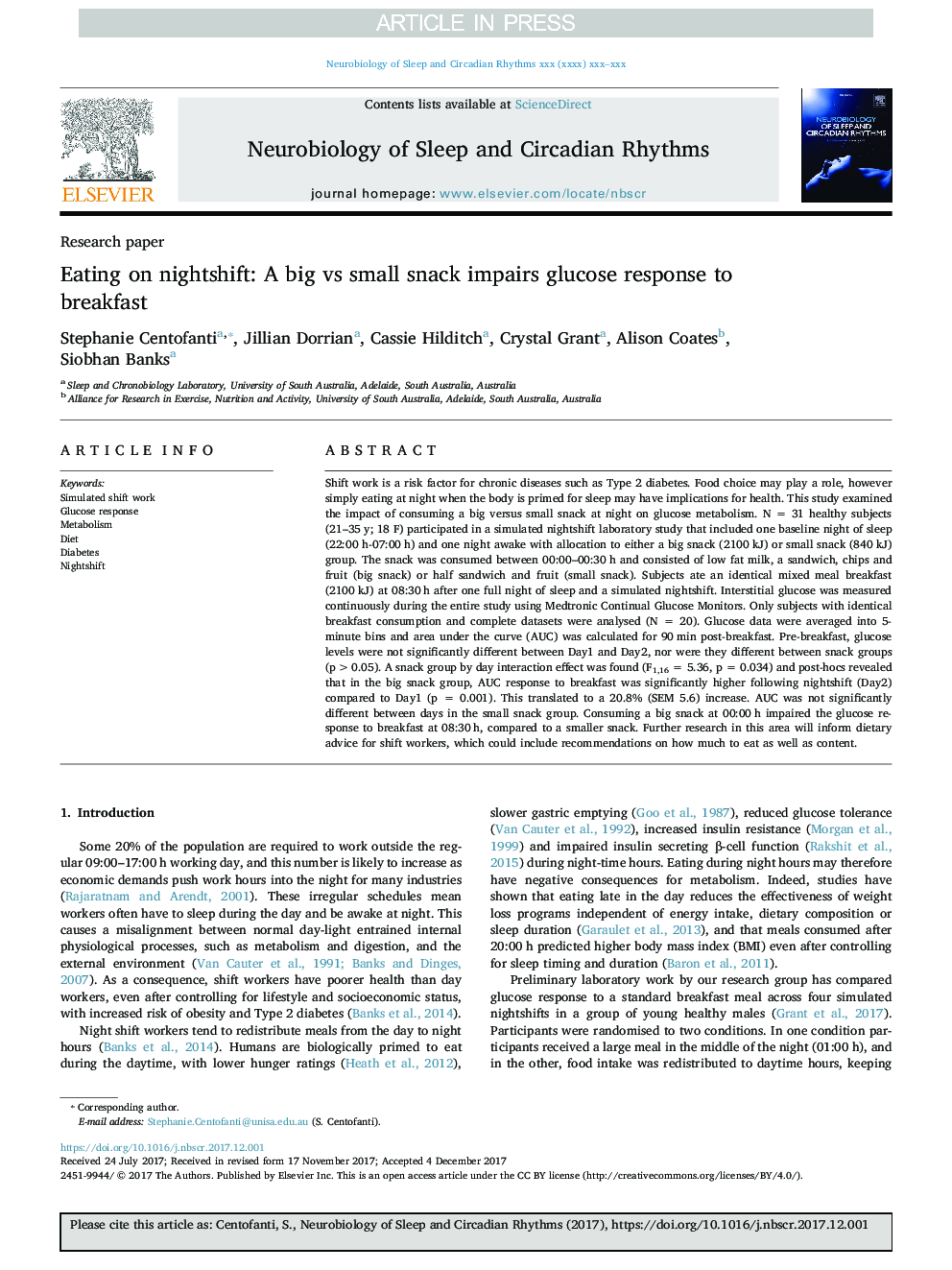 Eating on nightshift: A big vs small snack impairs glucose response to breakfast