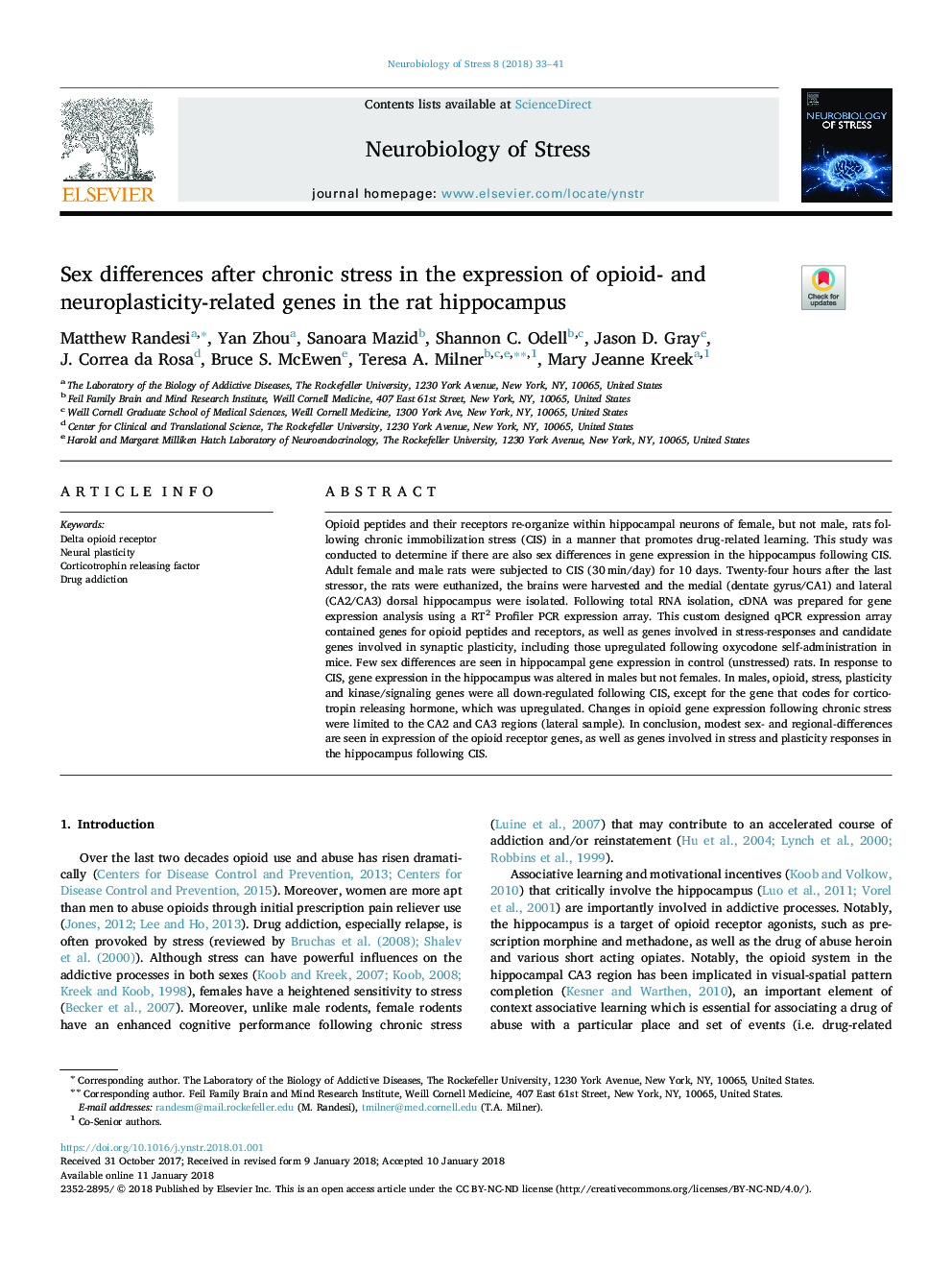 عکس صفحه اول مقاله: Sex differences after chronic stress in the expression of opioid-, stress- and neuroplasticity-related genes in the rat hippocampus Sex differences after chronic stress in the expression of opioid-, stress- and neuroplasticity-related genes in the rat hippocampus