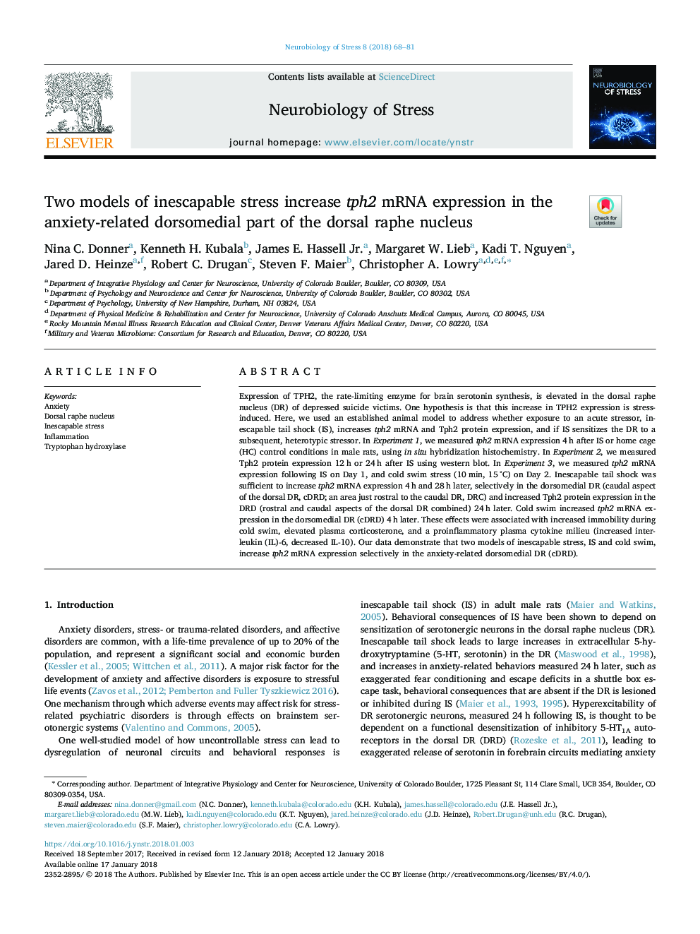 Two models of inescapable stress increase tph2 mRNA expression in the anxiety-related dorsomedial part of the dorsal raphe nucleus